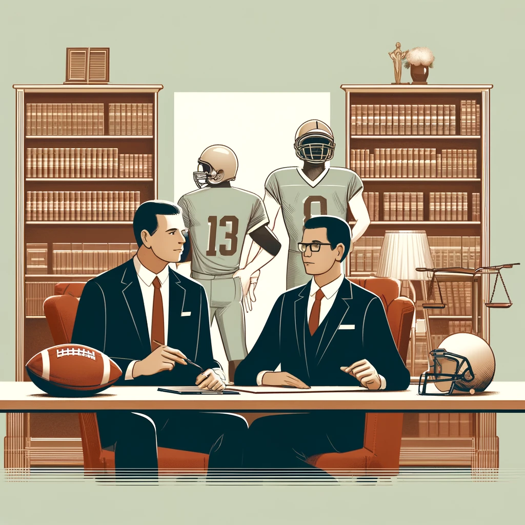 DALL·E-2024-06-06-08.52.13-An-elegant-illustration-of-a-lawyer-in-a-formal-office-setting-discussing-legal-matters-with-a-football-player.-The-office-features-bookshelves-with- Sports Law